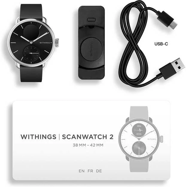 Išmanusis laikrodis Withings Scanwatch 2, 38 mm, Sidabrinės spalvos korpusas su juodos spalvos dirželiu