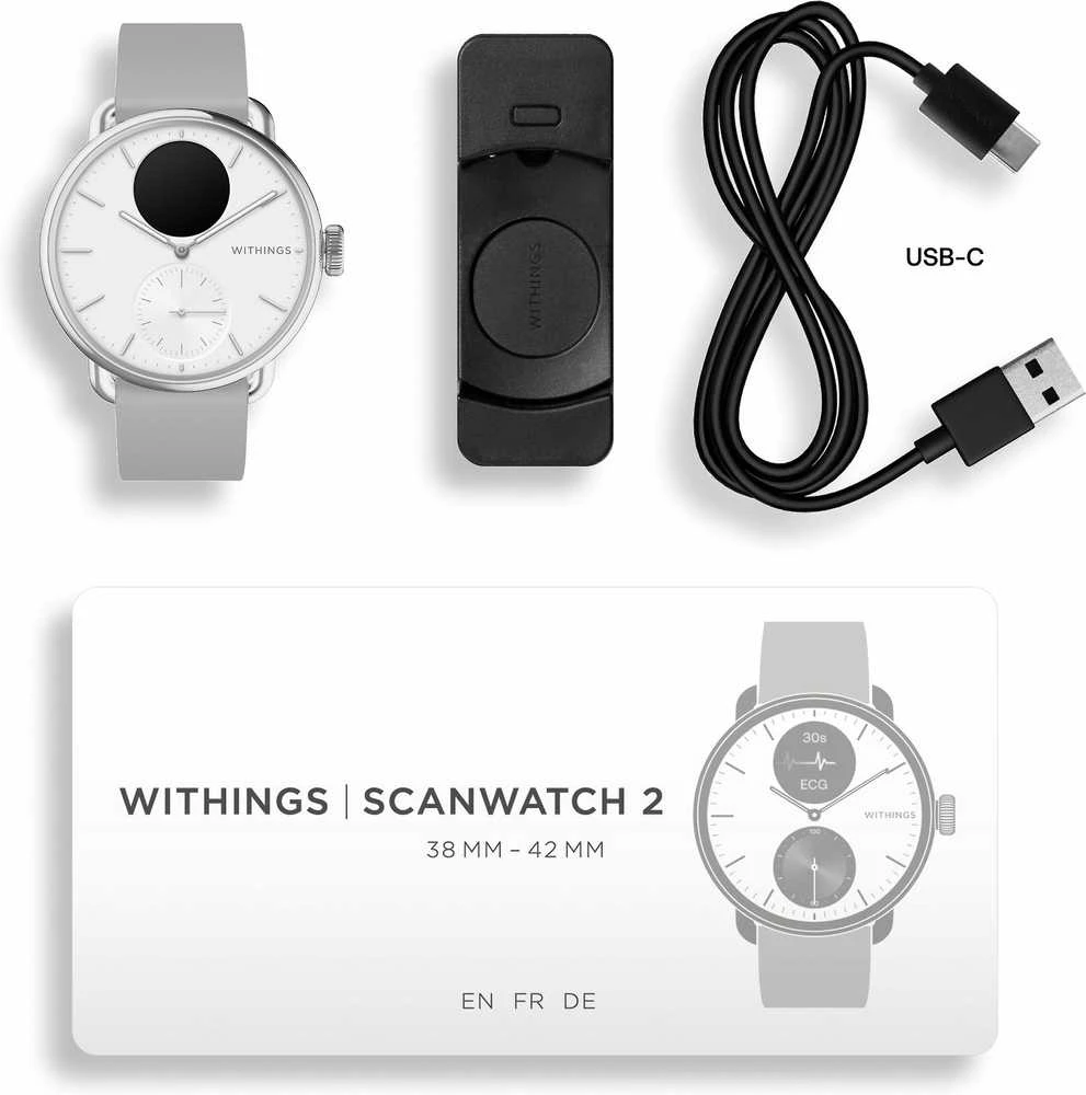 Išmanusis laikrodis Withings Scanwatch 2, 38 mm, Sidabrinės spalvos korpusas su baltos spalvos dirželiu