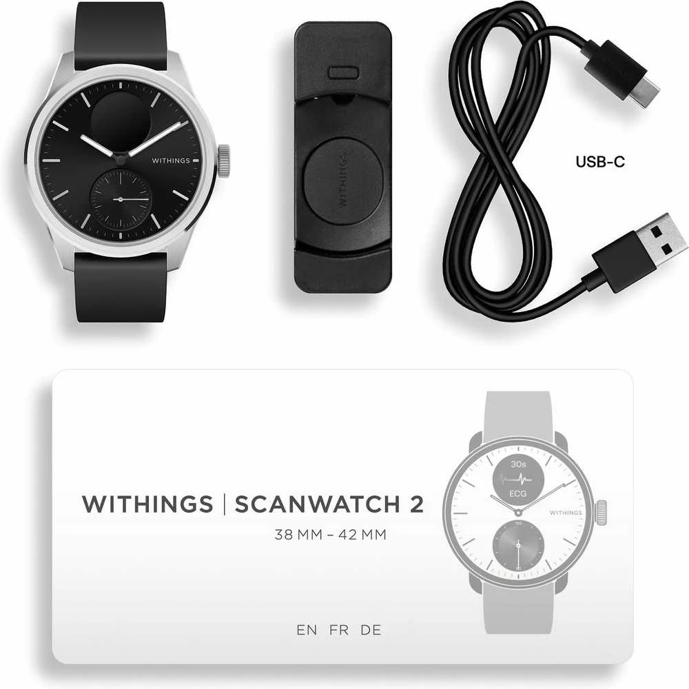 Išmanusis laikrodis Withings Scanwatch 2, 42 mm,  Sidabrinės spalvos korpusas su juodos spalvos dirželiu