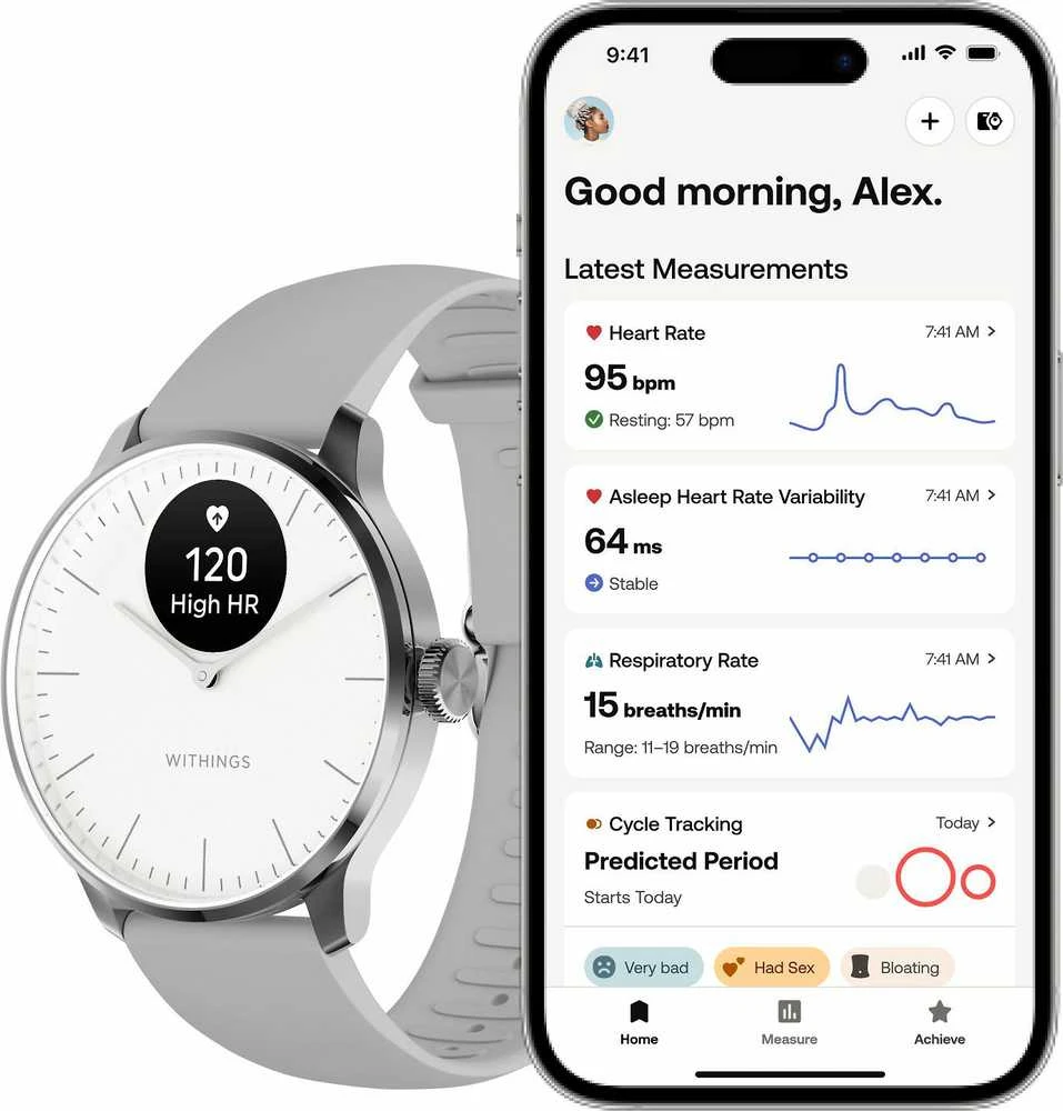 Išmanusis laikrodis Withings Scanwatch Light, 37 mm, Sidabro spalvos korpusas su pilkos spalvos dirželiu