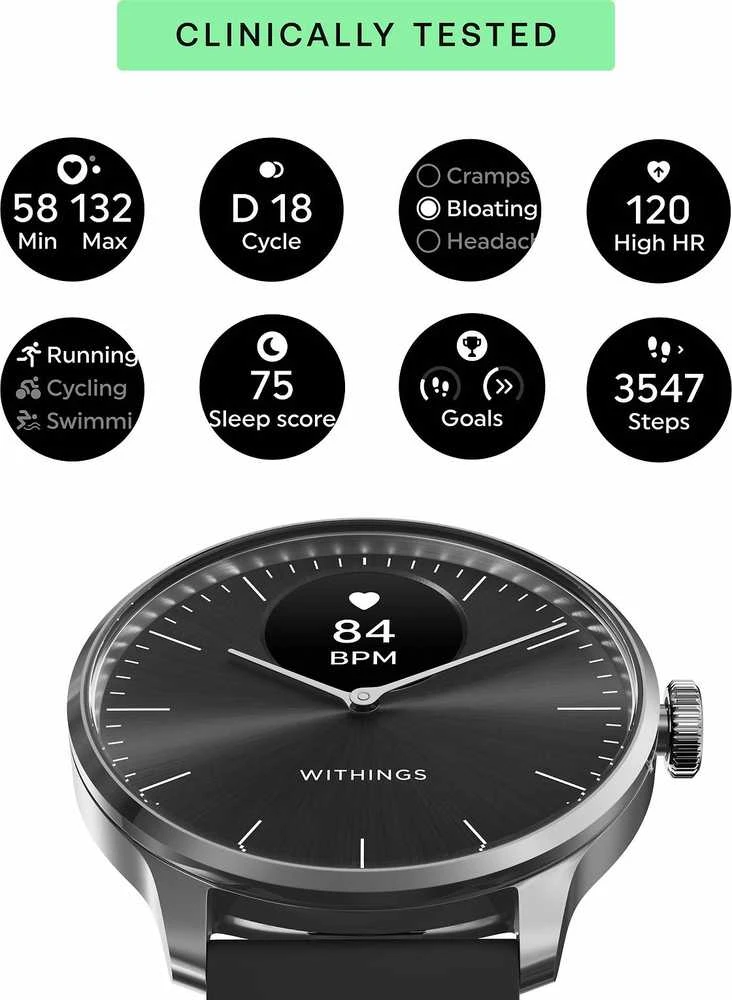 Išmanusis laikrodis Withings Scanwatch Light 37mm, Sidabrinės spalvos korpusas su juodos spalvos dirželiu