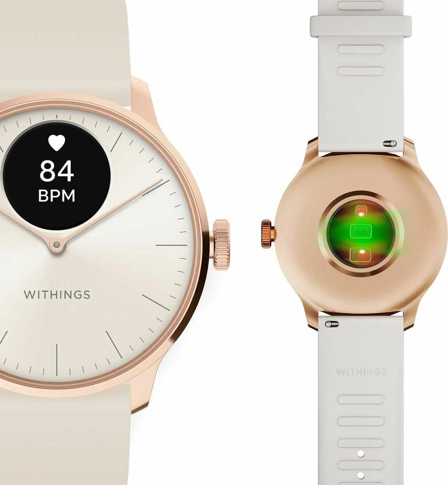 Išmanusis laikrodis Withings Scanwatch Light, 37 mm, Rožinio aukso spalvos korpusas su baltos spalvos dirželiu