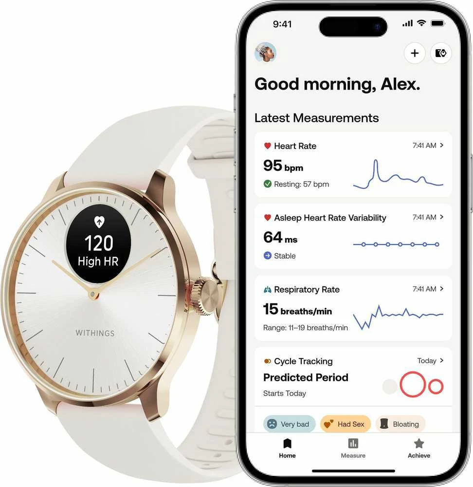 Išmanusis laikrodis Withings Scanwatch Light, 37 mm, Rožinio aukso spalvos korpusas su baltos spalvos dirželiu