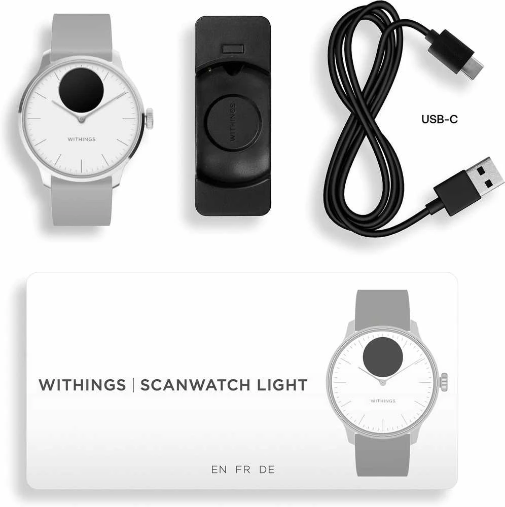 Išmanusis laikrodis Withings Scanwatch Light, 37 mm, Sidabro spalvos korpusas su pilkos spalvos dirželiu
