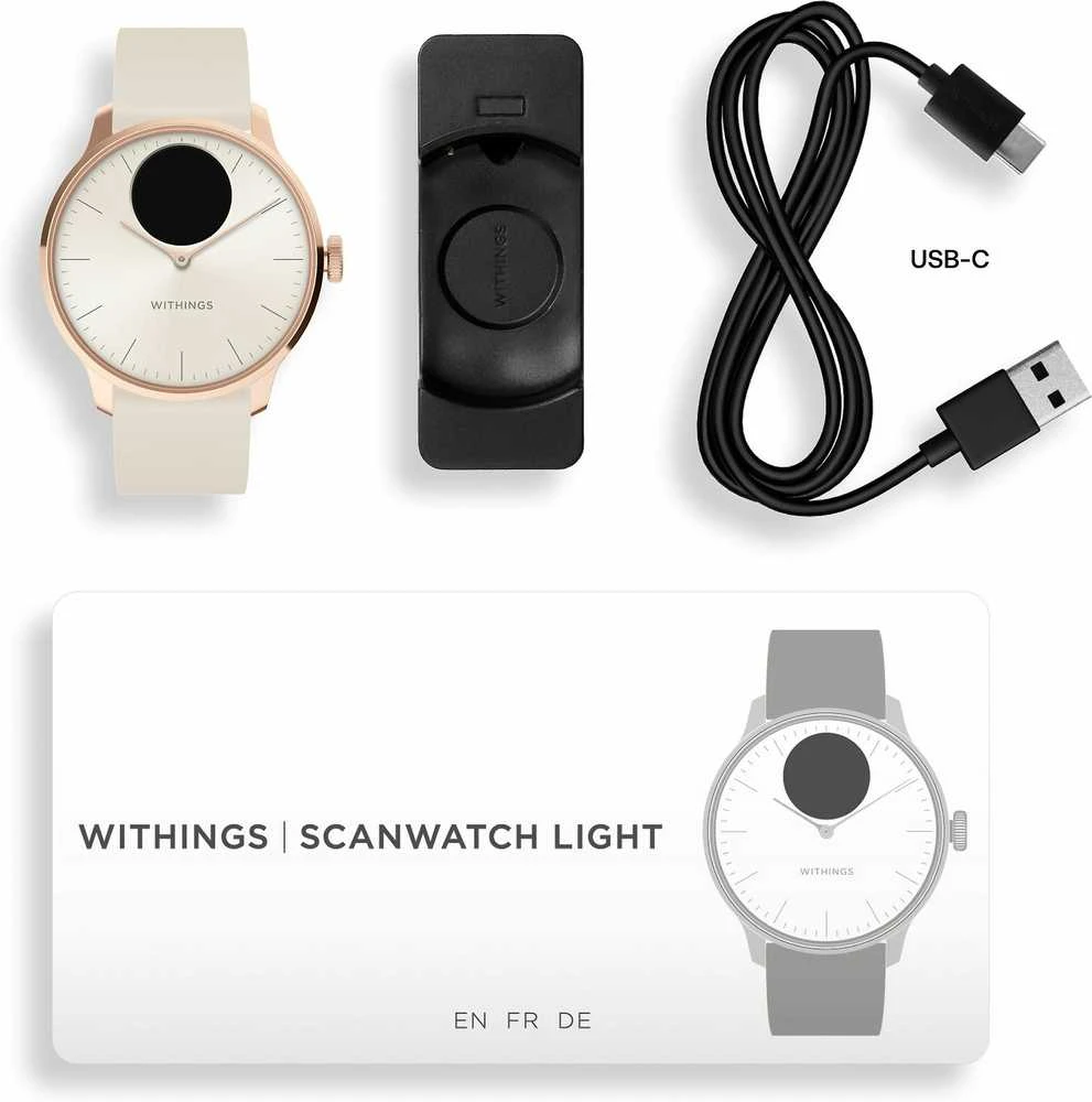 Išmanusis laikrodis Withings Scanwatch Light, 37 mm, Rožinio aukso spalvos korpusas su baltos spalvos dirželiu
