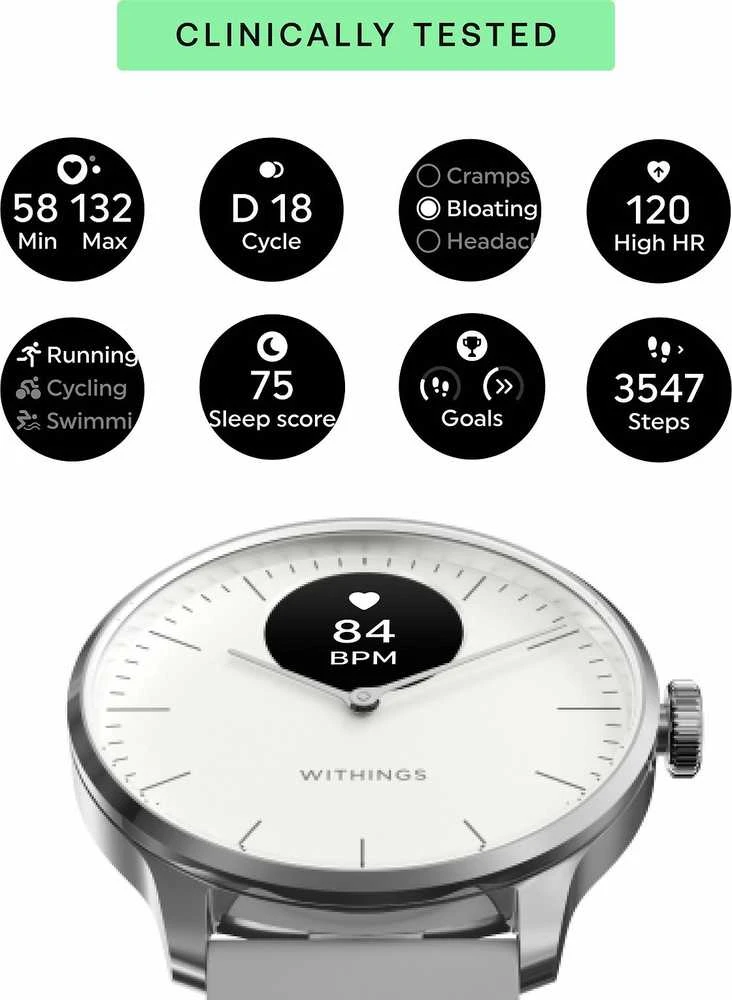 Išmanusis laikrodis Withings Scanwatch Light, 37 mm, Sidabro spalvos korpusas su pilkos spalvos dirželiu