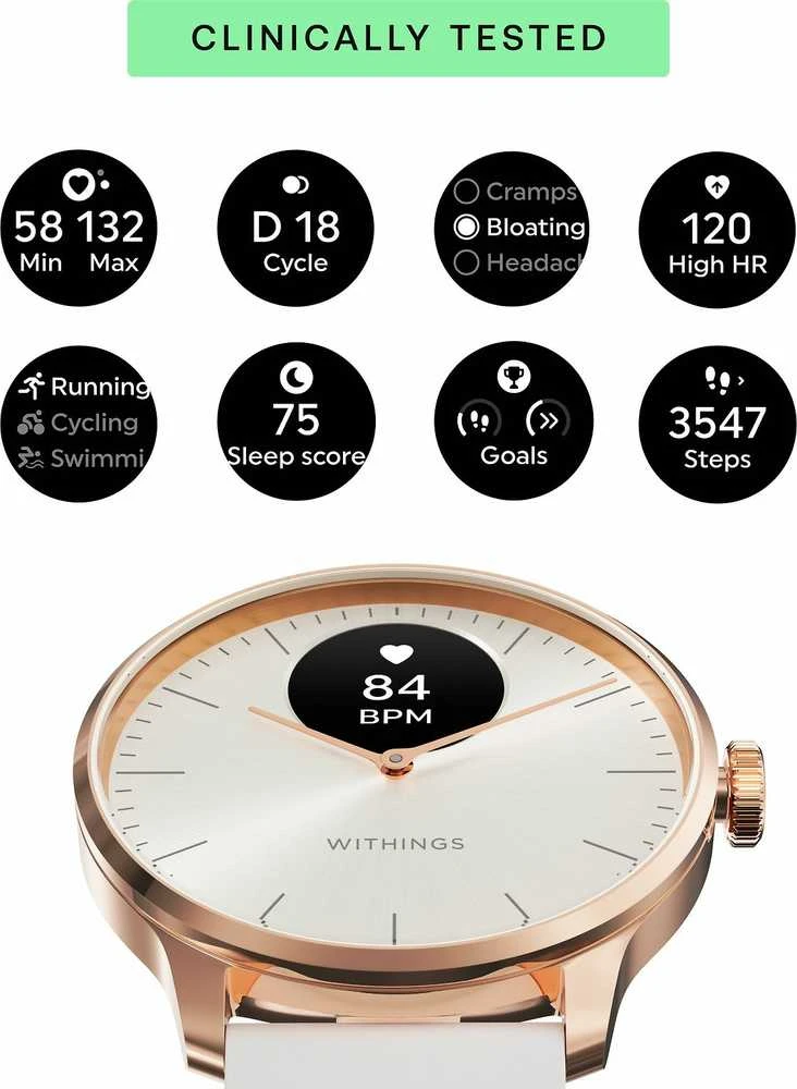 Išmanusis laikrodis Withings Scanwatch Light, 37 mm, Rožinio aukso spalvos korpusas su baltos spalvos dirželiu