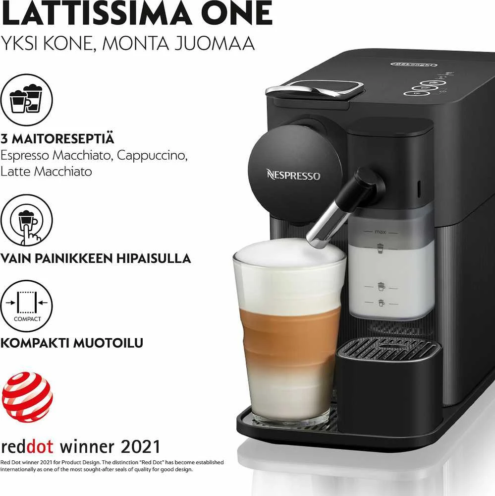Automatinis kavos aparatas su pieno plakikliu Delonghi EN510.W Nespresso, Juodos spalvos