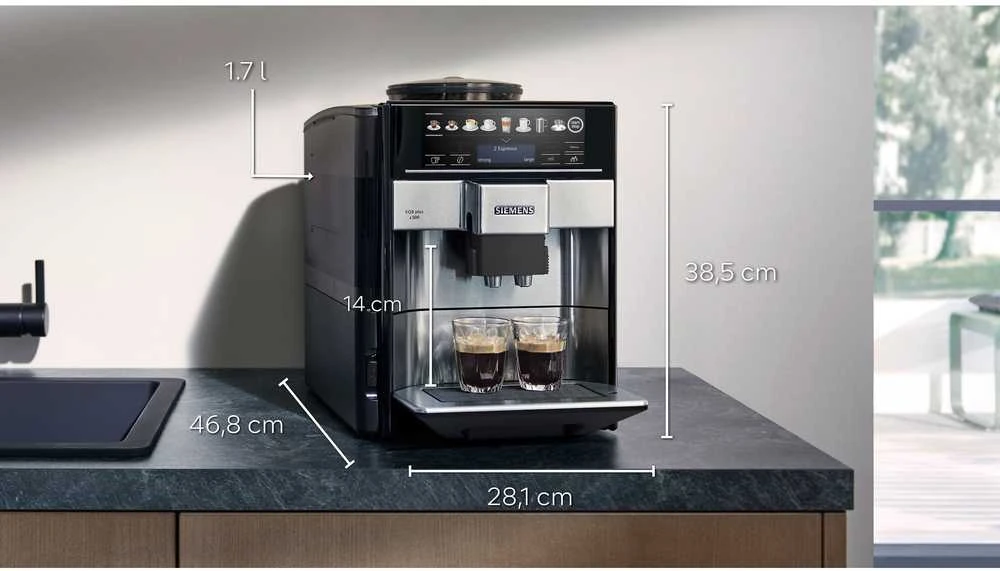SIEMENS Kavos aparatas TE655203RW Slėgis 15 bar, Su pieno plakikliu, Automatinis, 1500 W, Juodas/ stainless steel