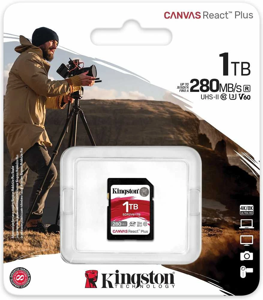 Atminties kortelė „Kingston Technology 1TB Canvas React Plus SDXC UHS-II 280R/150W U3 V60“ atmintis, skirta „Full HD“ / 4K atmintims