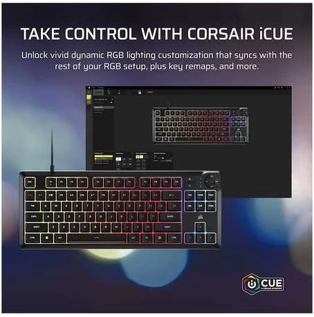 Klaviatūra Corsair Microsystems Corsair K55 CORE TKL, su laidu, USB, Membrane, QWERTY, RGB LED, Juodas