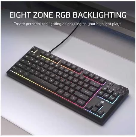 Klaviatūra Corsair Microsystems Corsair K55 CORE TKL, su laidu, USB, Membrane, QWERTY, RGB LED, Juodas