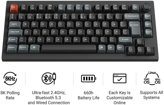 Klaviatūra Keychron V1 Ultra 75% 8K Wireless Tri-Mode Juodas Keychron POM Brown