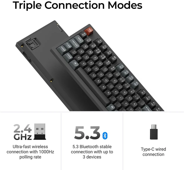 Belaidė mechaninė klaviatūra Keychron V6 Ultra 8K, Rudi (Brown) jungikliai, Nordic išdėst., Juoda