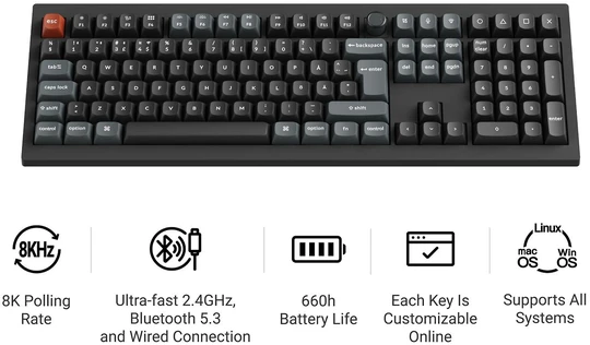 Belaidė mechaninė klaviatūra Keychron V6 Ultra 8K, Rudi (Brown) jungikliai, Nordic išdėst., Juoda