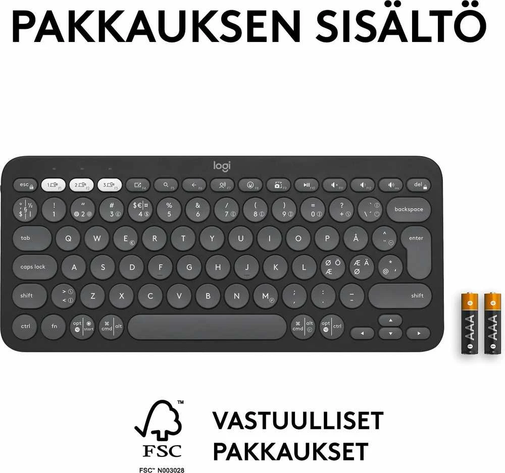 Belaidė klaviatūra Logitech PEBBLE KEYS 2 K380S, Grafito spalvos, Išdėstymas: Šiaurės šalių (Qwerty)