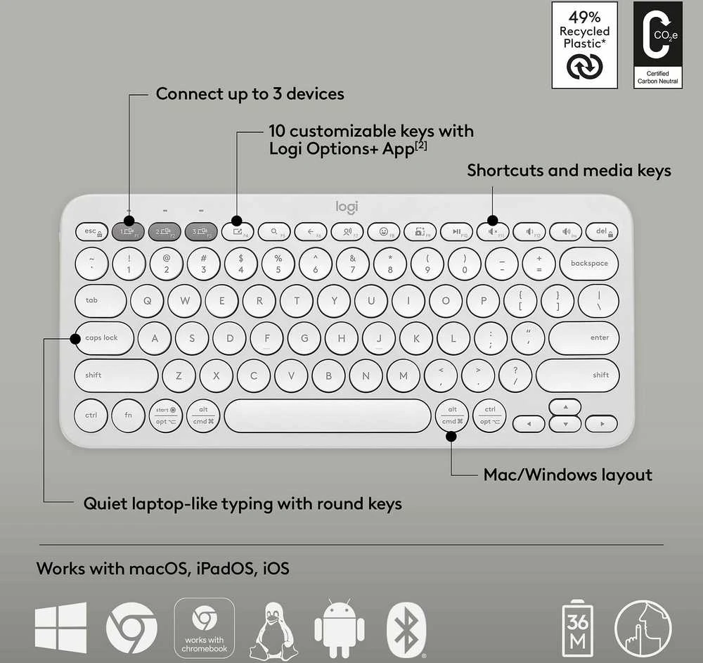 Belaidė klaviatūra Logitech PEBBLE KEYS 2 K380S, Baltos spalvos, Išdėstymas: Šiaurės šalių (Qwerty)
