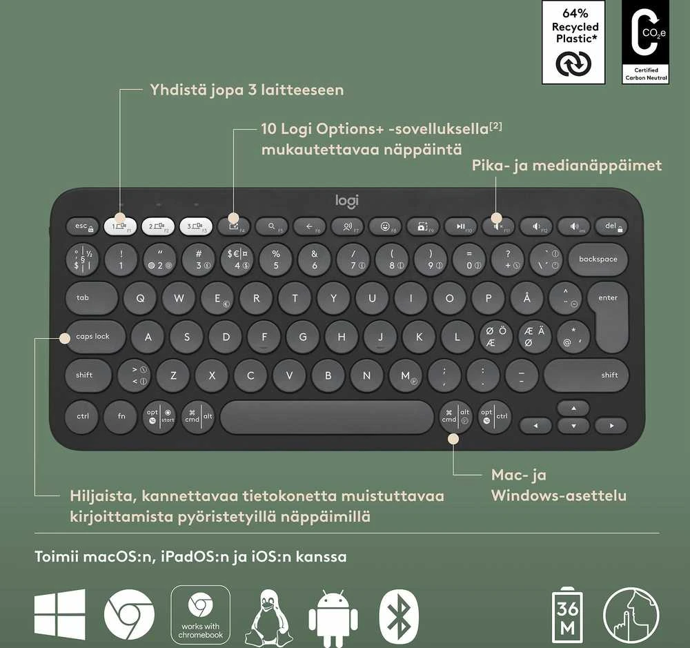 Belaidė klaviatūra Logitech PEBBLE KEYS 2 K380S, Grafito spalvos, Išdėstymas: Šiaurės šalių (Qwerty)