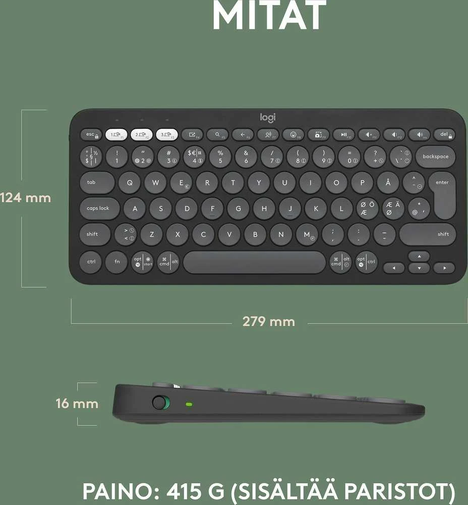 Belaidė klaviatūra Logitech PEBBLE KEYS 2 K380S, Grafito spalvos, Išdėstymas: Šiaurės šalių (Qwerty)