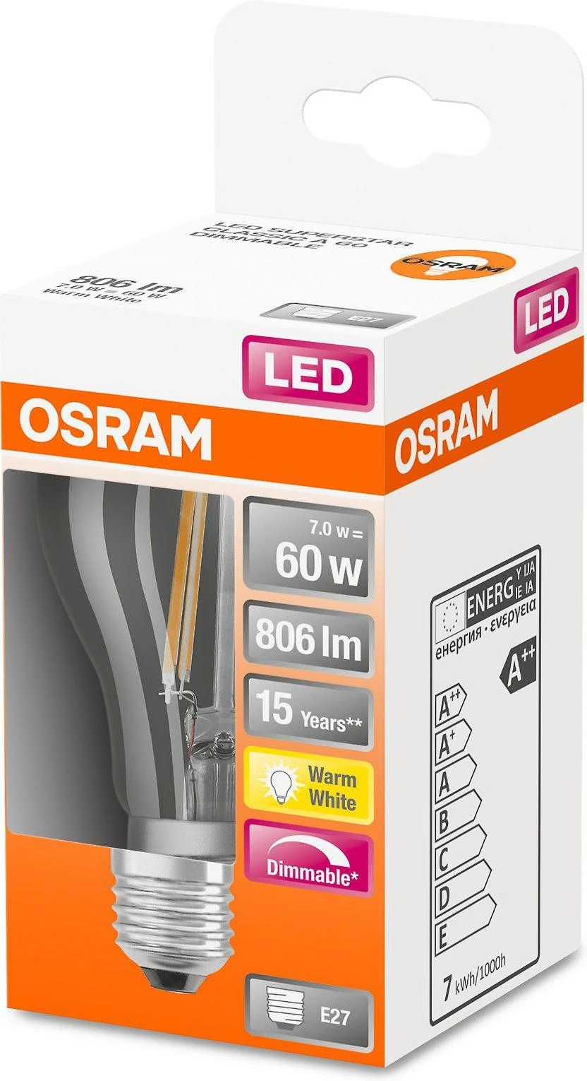 7W LED filamentinė lemputė OSRAM Superstar Retrofit CLASSIC A DIM, 2700K, E27, dimeriuojama