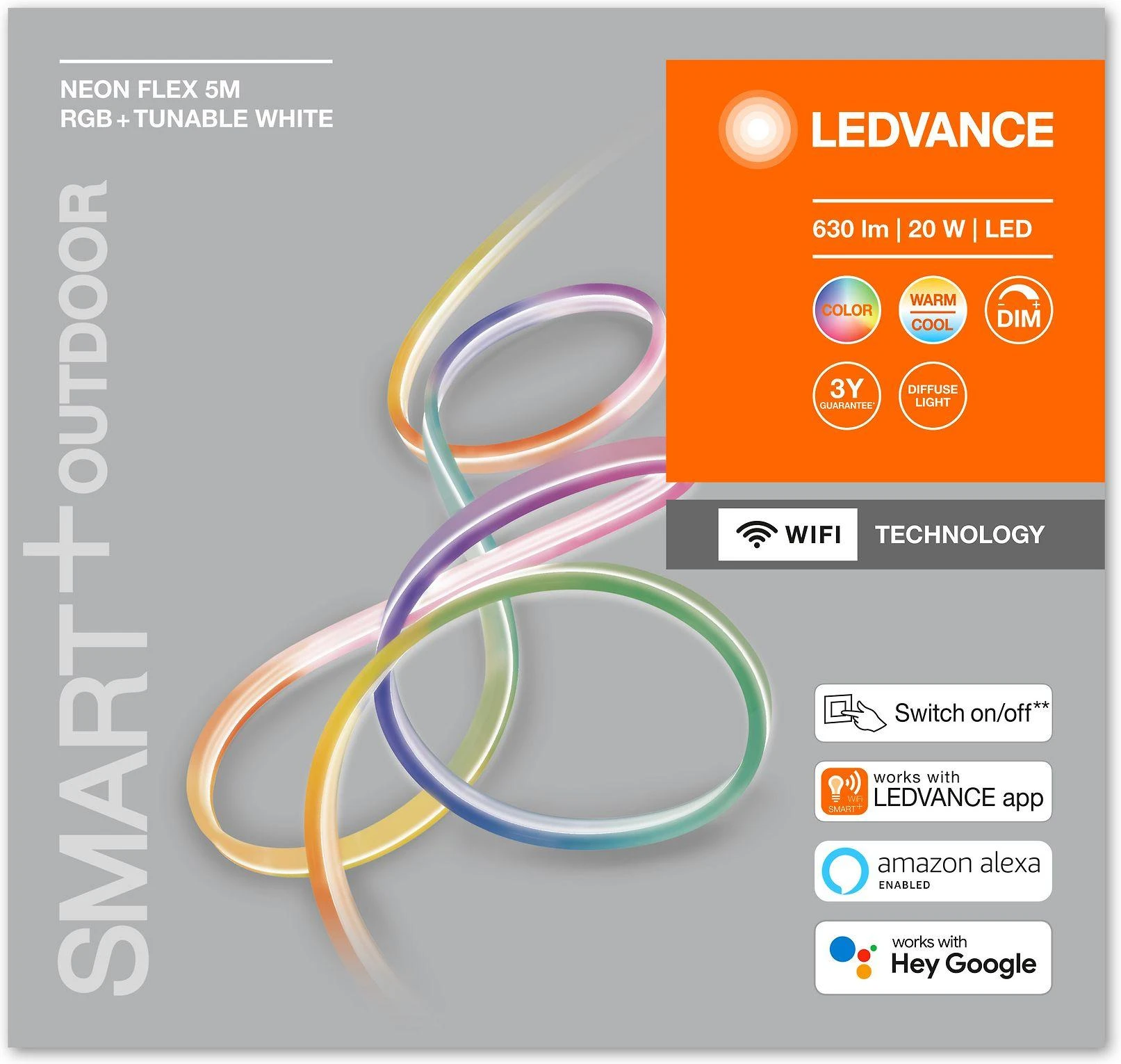 Ledvance|SMART+ WiFi Neon Flex RGBW Multicolor 15W 2700-6500K, 5 metrai, lauko IP44, kištukas Type-C (EU)|15 W|RGBW|Wi-Fi