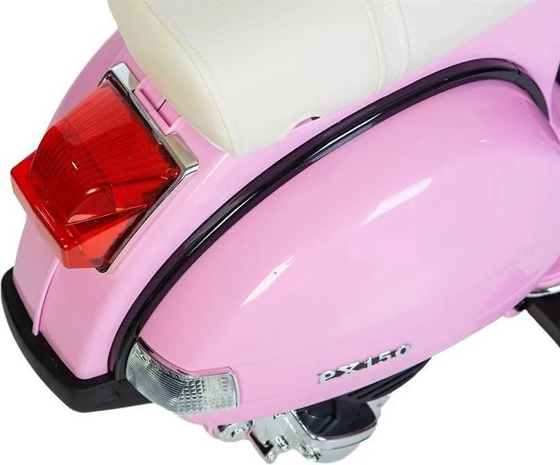 Vaikiškas rožinis Vespa PX150 mopedas – galinis vaizdas