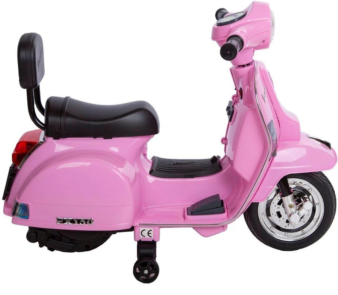 Vaikiškas rožinis Vespa PX150 motoroleris šoniniu kampu
