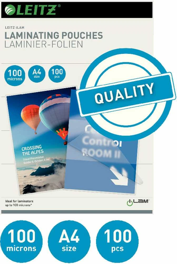 Laminavimo vokeliai Leitz A4, 100 mic, skaidrūs, (100 vnt.)