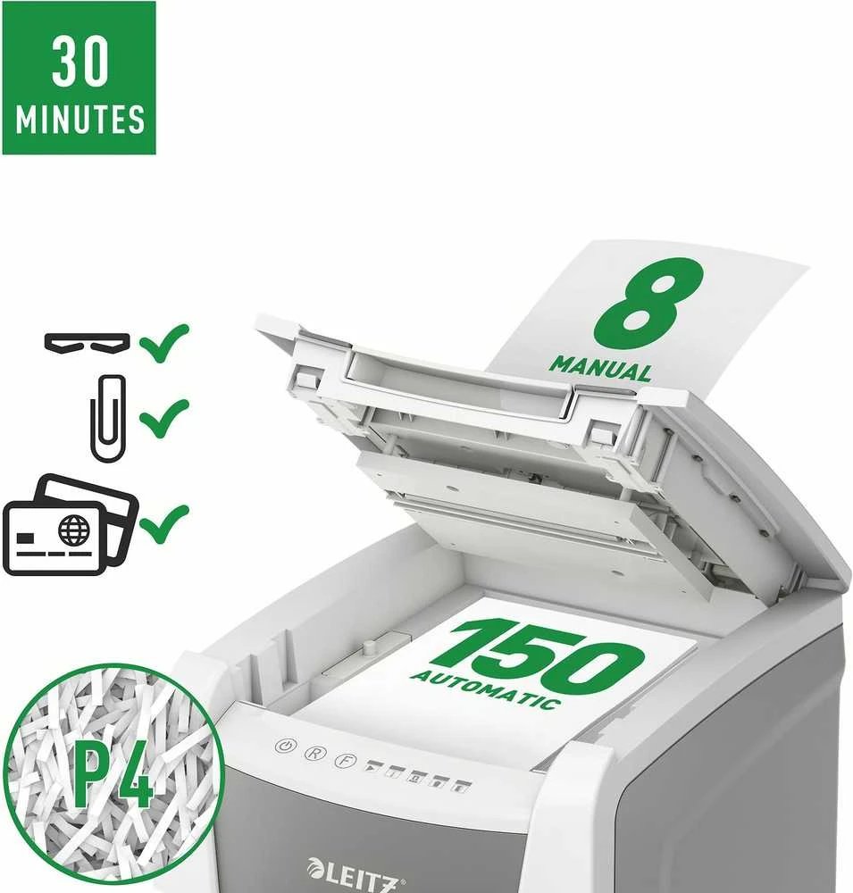 Leitz IQ Autofeed Office 150 Automatinis dokumentų naikiklis P4, Pilka/Balta