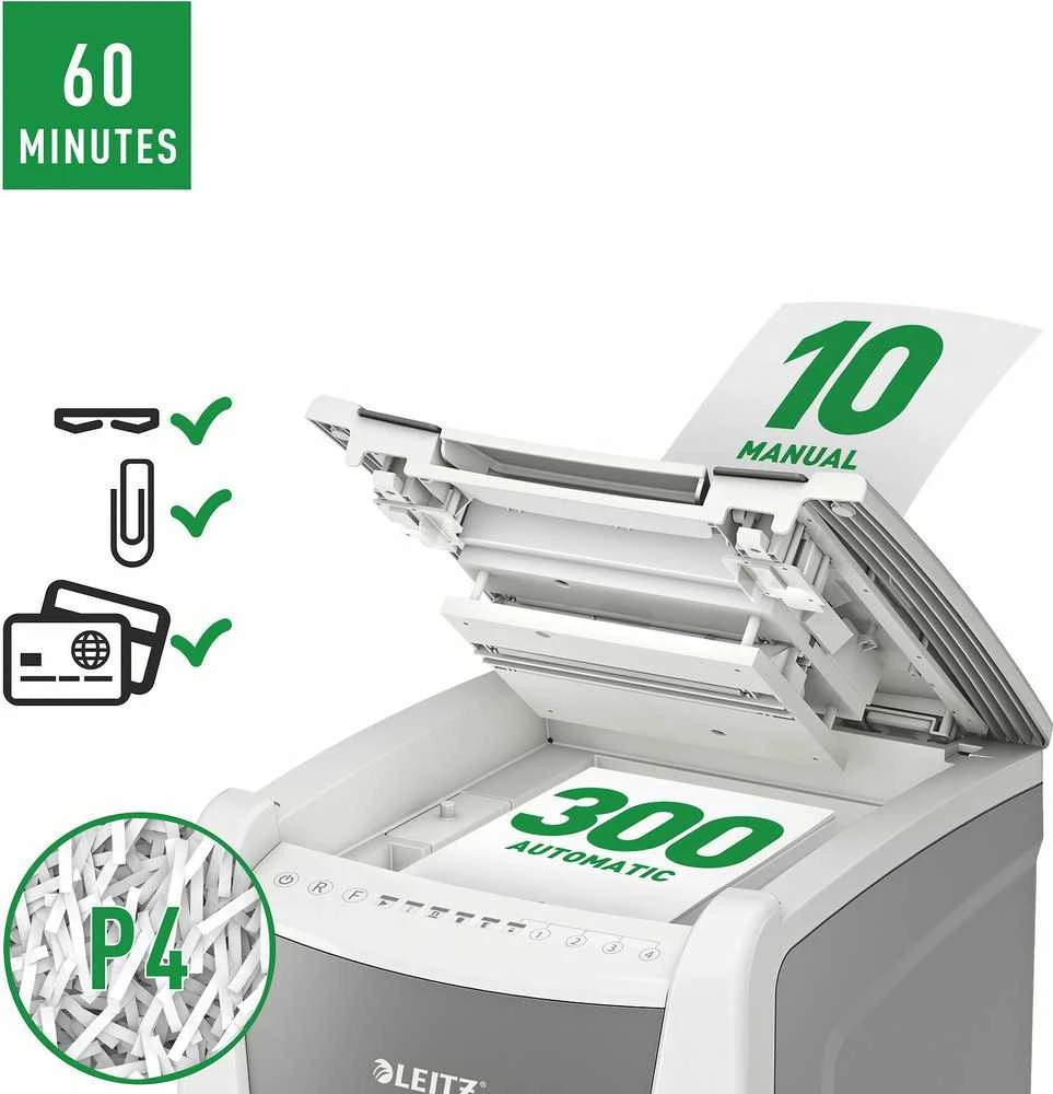 Leitz IQ Autofeed Office 300 Automatinis dokumentų naikiklis P4, Pilka/Balta