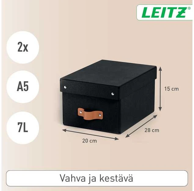 Leitz Puro laikymo dėžė su dangteliu, maža, 7 l, 100 % perdirbtas kartonas, 2 vnt. pakuotė, Juodas, kartonas, 7 l, 200 mm, 280 mm, 150 mm