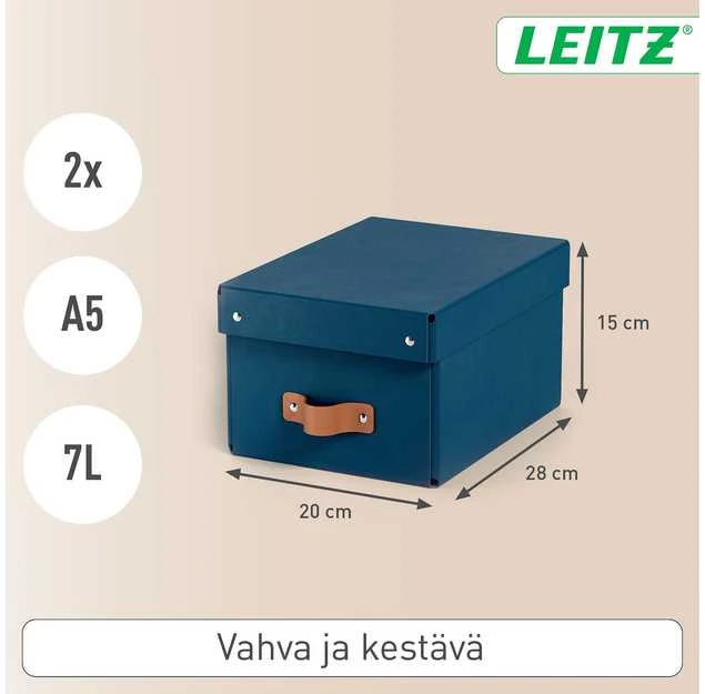 Leitz Puro laikymo dėžė su dangteliu, maža, 7 l, 100 % perdirbtas kartonas, 2 vnt. pakuotė, Mėlyna, kartonas, 7 l, 200 mm, 280 mm, 150 mm