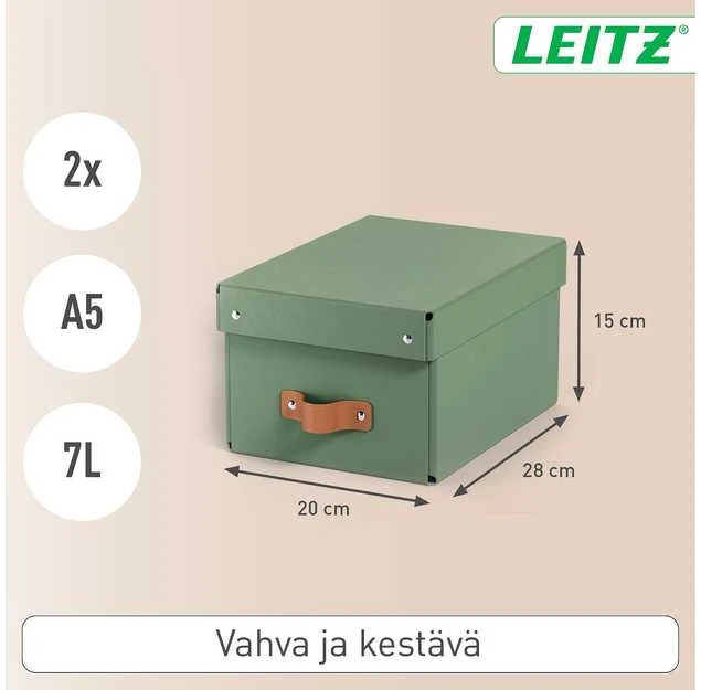 Leitz Puro laikymo dėžė su dangteliu, maža, 7 l, 2 vnt. pakuotėje. Žalias kartonas, 7 l, 200 mm, 280 mm, 150 mm.
