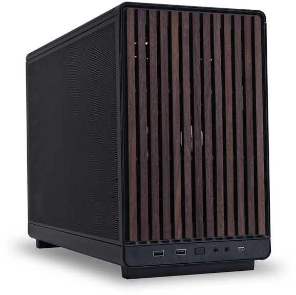 Lian Li DAN kompiuterio korpusass A3-mATX Wood Edition PC-kompiuterio korpusas, Tempered Glass, Micro-ATX – Walnuss, juodos spalvos