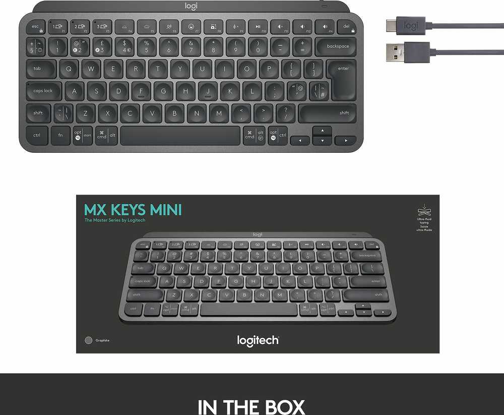 Minimalistinė Belaidė Klaviatūra su apašvietimu Logitech MX Keys Mini, Grafito spalvos, Šiaurės šalių (Qwerty) išdėstymas