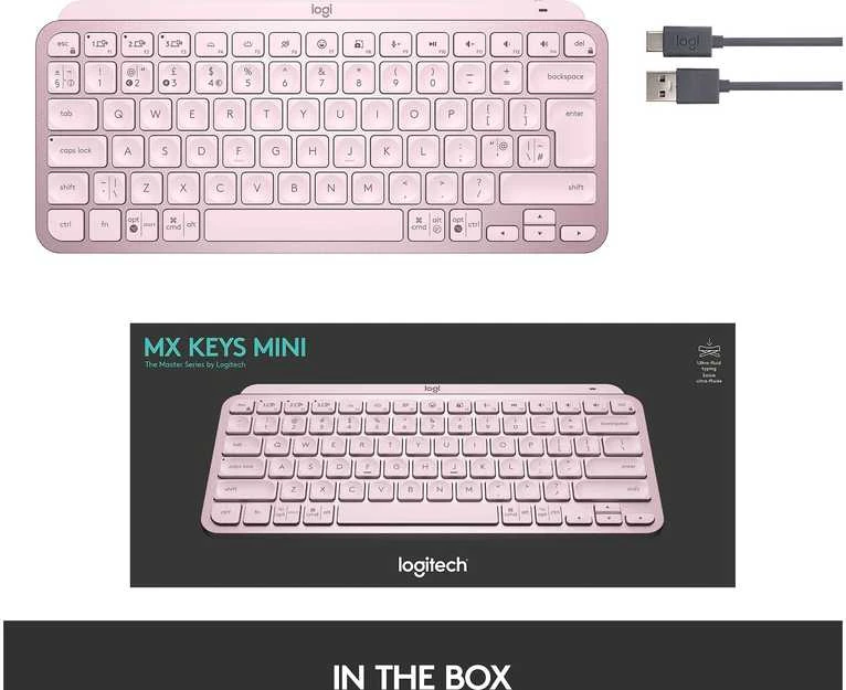 Minimalistinė Belaidė Klaviatūra su apašvietimu Logitech MX Keys Mini, Rožinės spalvos, Šiaurės šalių (Qwerty) išdėstymas