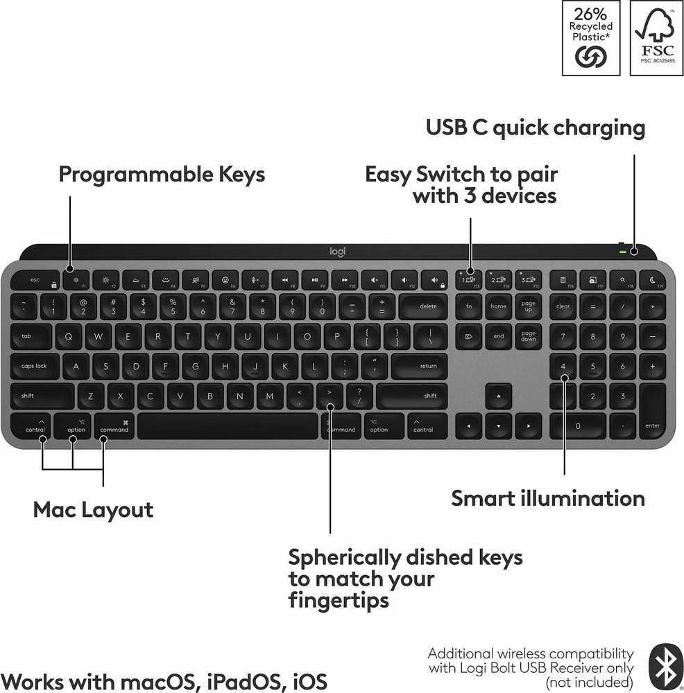 „Logitech MX Keys S“ belaidė klaviatūra su apšvietimu, skirta „Mac“ (šiaurės šalių)