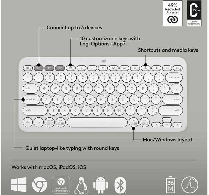 Belaidė klaviatūra Logitech PEBBLE KEYS 2 K380S, Baltos spalvos, Išdėstymas: Šiaurės šalių (Qwerty)