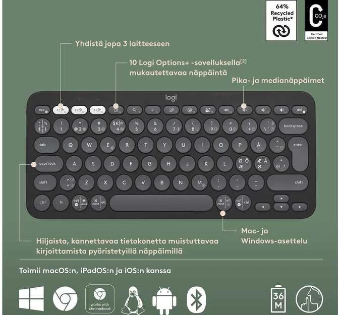 Belaidė klaviatūra Logitech PEBBLE KEYS 2 K380S, Grafito spalvos, Išdėstymas: Šiaurės šalių (Qwerty)