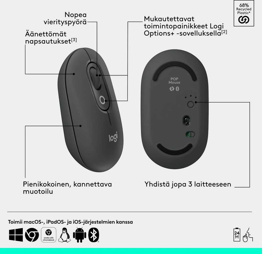 LOGITECH POP pelė su jaustukais – GRAPHITE – BT – EMEA28i-935 – FY25,TERRA