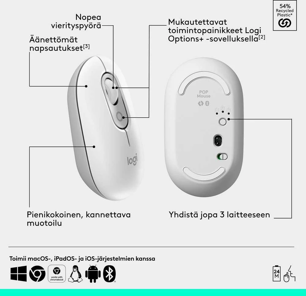 LOGITECH POP pelė su jaustukais - OFF-Baltas - BT - EMEA28i-935 - FY25,TERRA