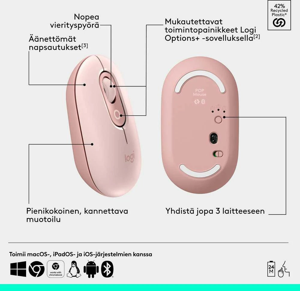 LOGITECH POP pelė su jaustukais – ROSE – BT – EMEA28i-935 – FY25,TERRA