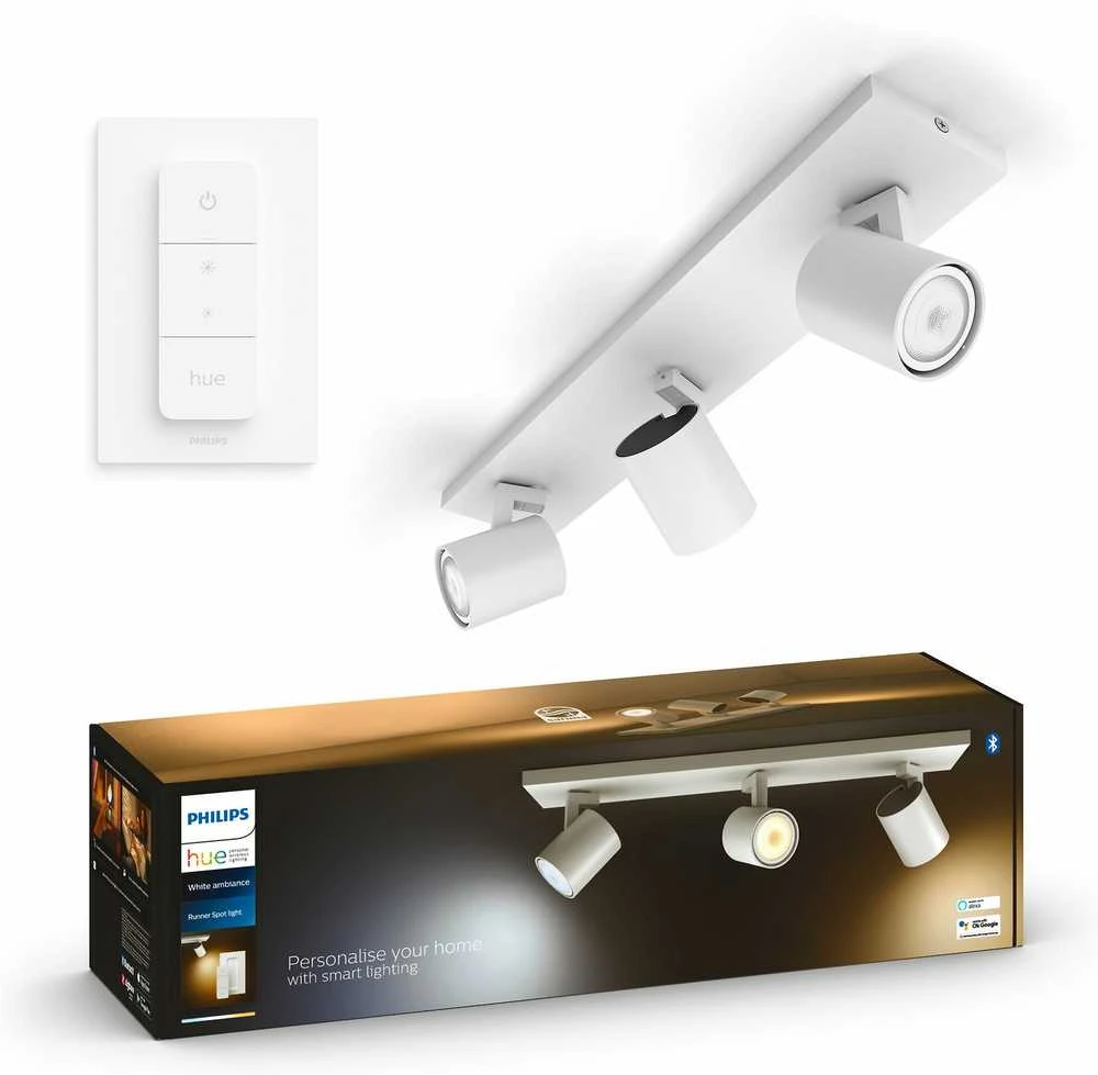 Lubinis šviestuvas Philips Hue Baltas Ambiance Runner Deckenleuchte baltas + Dimmschalter • 3er-Spot