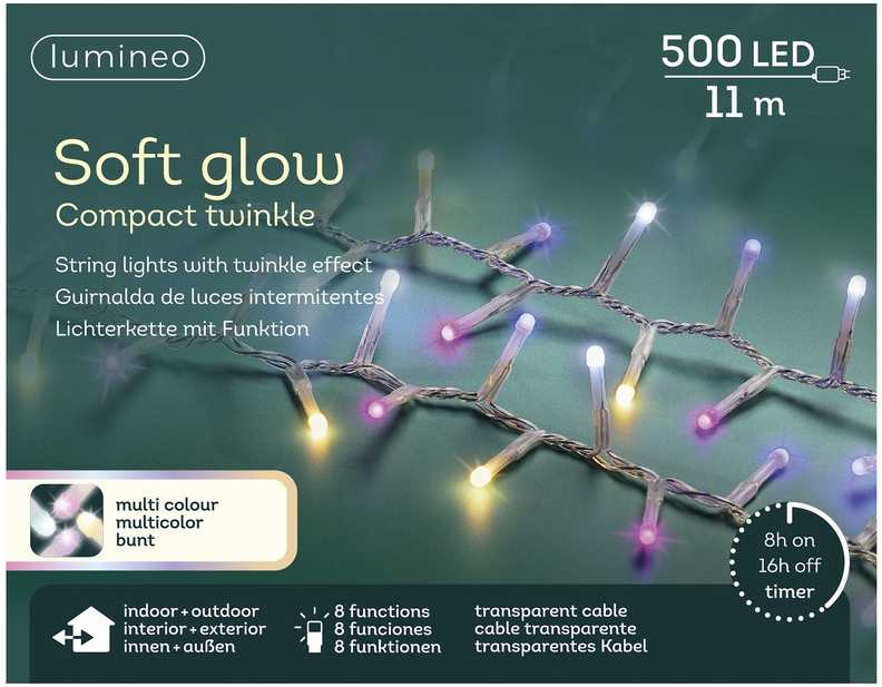 Lumineo Soft glow twinkle monivärinen koristevalosarja ulkokäyttöön, 11 metriä