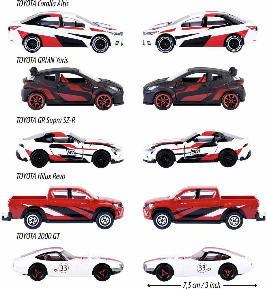 Majorette Rinkinys 5 metalinės transporto priemonės sportinės lenktyninės spyruoklės Toyota Racing Supra Corolla GT kaip dovana
