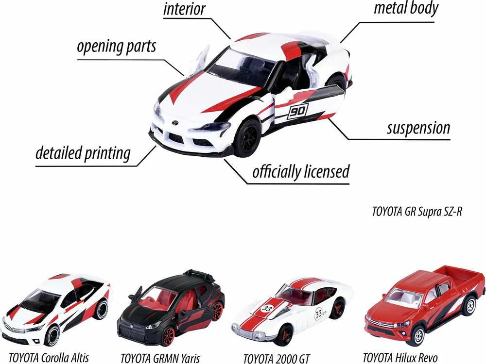 Majorette Rinkinys 5 metalinės transporto priemonės sportinės lenktyninės spyruoklės Toyota Racing Supra Corolla GT kaip dovana