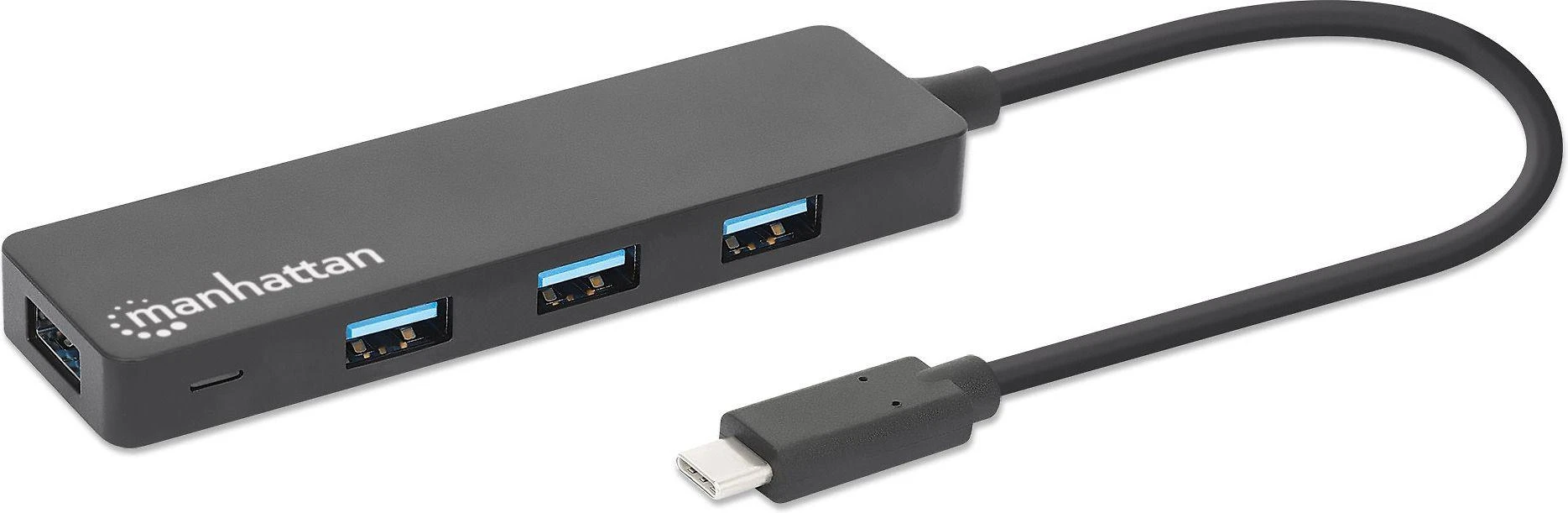 „Manhattan Manhatta“ 4 prievadų USB 3.2 Gen 1 šakotuvas, USB-C nuo 4 USB-A lizdų, 5 Gbps perdavimo sparta, maitinamas autobusu, Juodas, 164924