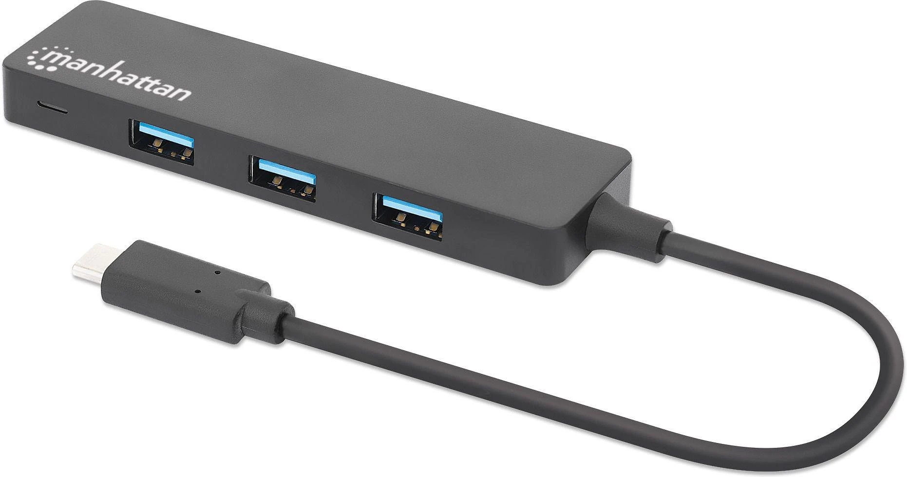 „Manhattan Manhatta“ 4 prievadų USB 3.2 Gen 1 šakotuvas, USB-C nuo 4 USB-A lizdų, 5 Gbps perdavimo sparta, maitinamas autobusu, Juodas, 164924