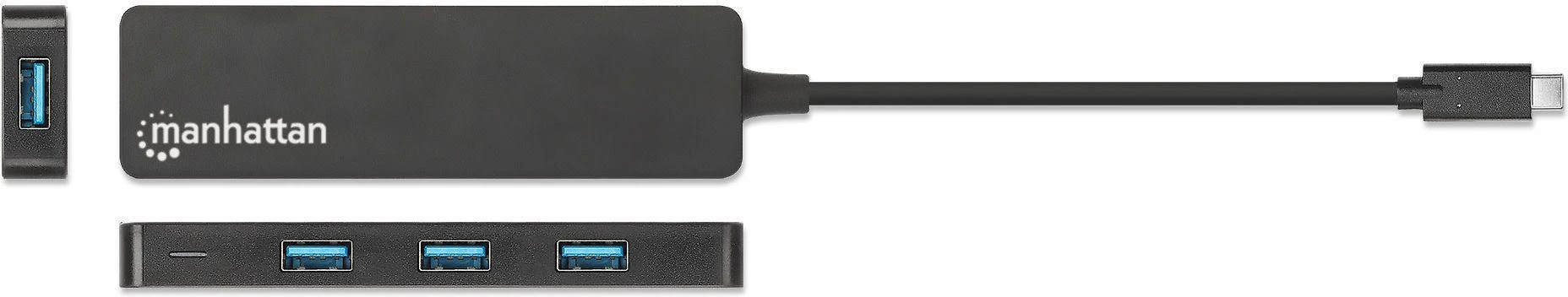 „Manhattan Manhatta“ 4 prievadų USB 3.2 Gen 1 šakotuvas, USB-C nuo 4 USB-A lizdų, 5 Gbps perdavimo sparta, maitinamas autobusu, Juodas, 164924