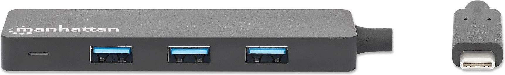 „Manhattan Manhatta“ 4 prievadų USB 3.2 Gen 1 šakotuvas, USB-C nuo 4 USB-A lizdų, 5 Gbps perdavimo sparta, maitinamas autobusu, Juodas, 164924